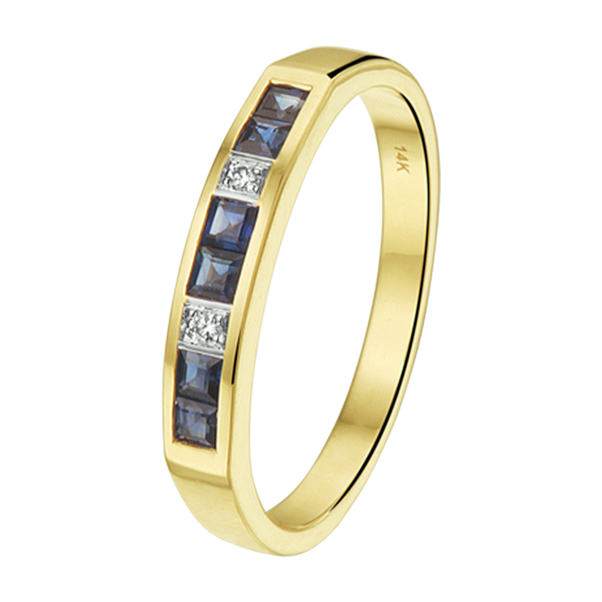 Bicolor geel en witgouden ring van 3mm breed uitgevoerd met een luxe rijzetting saffier stenen en diamant van 0.02ct. Tip: Leuk om kado te doen aan dierbare of je geliefde. Diamonds are girls best friend!.