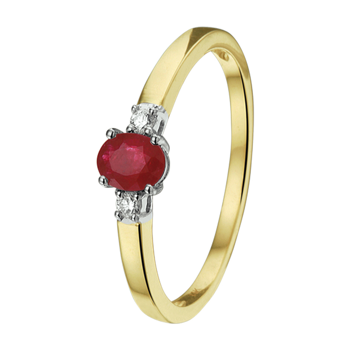 Bicolor geel en witgouden ring van 5mm breed uitgevoerd met een luxe solitaire robijn steen en een rijzetting van diamant 0.05ct. Tip: Leuk om kado te doen aan dierbare of je geliefde. Diamonds are girls best friend!.