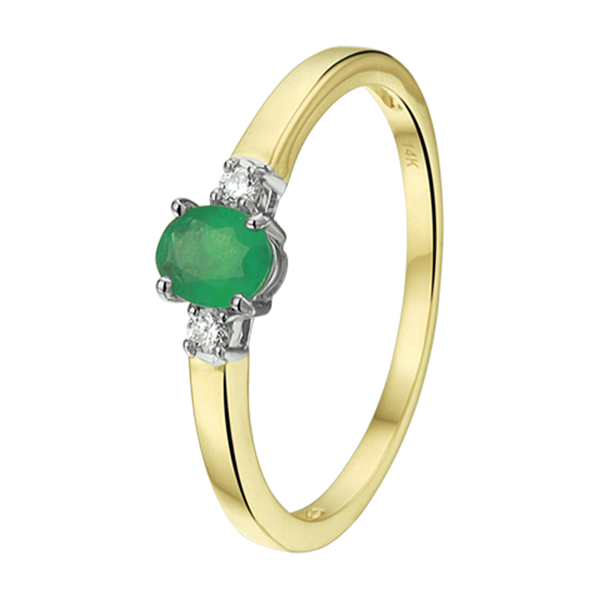 Bicolor geel en witgouden ring van 5mm breed uitgevoerd met een luxe solitaire smaragd steen en een rijzetting van diamant 0.05ct. Tip: Leuk om kado te doen aan dierbare of je geliefde. Diamonds are girls best friend!.