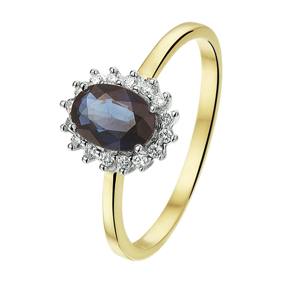 Chique bicolor geel en witgouden ring uitgevoerd met een saffier van 7x5mm en een luxe rozet van briljant geslepen diamant 0.11ct H SI. Deze elegante ring geeft uw outfit op een subtiele wijze een elegante uitstraling. Tip: Leuk om kado te geven. Diamonds are girls best friend!