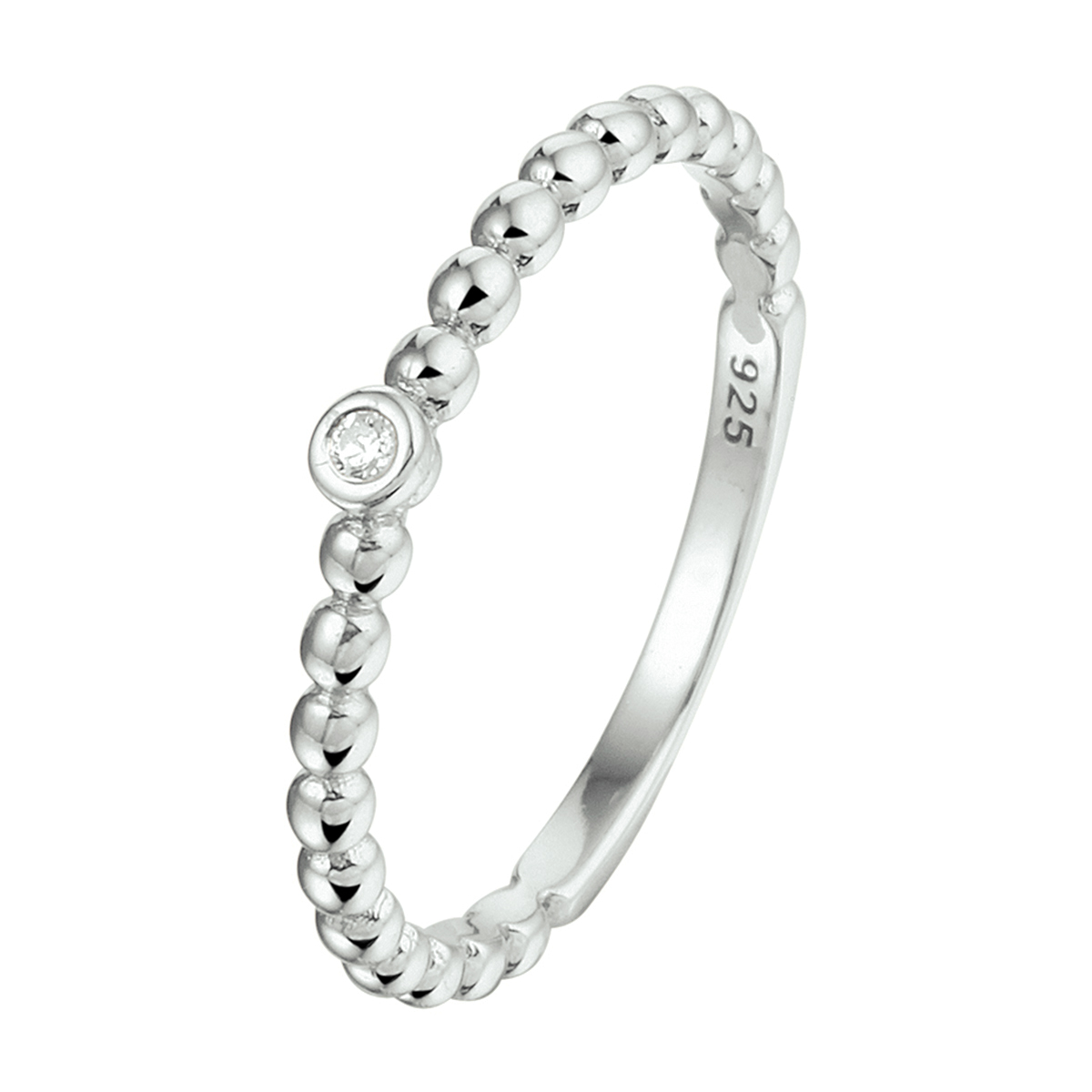 Gerhodineerd 925 zilveren aanschuifring uitgevoerd met bolletjes en een schitterende zirkonia. De ring heeft een breedte van 2.5mm.