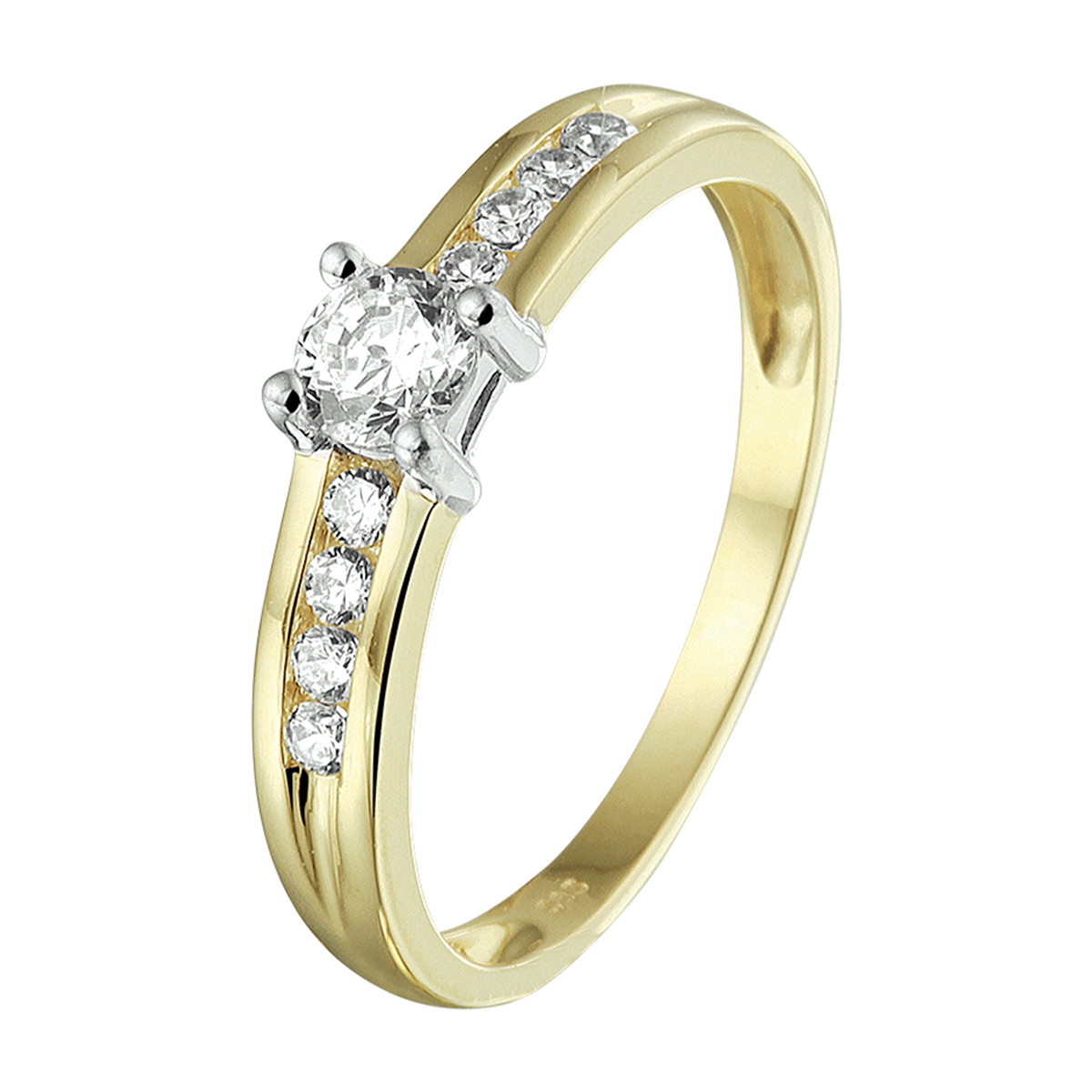 Stijlvolle bicolor geel- en witgouden ring met een schitterende rij van zirkonia. 
Ringmaat: 17.50 mm (55)
Breedte: 4.5 mm
Zetting: entourage (rijzetting)