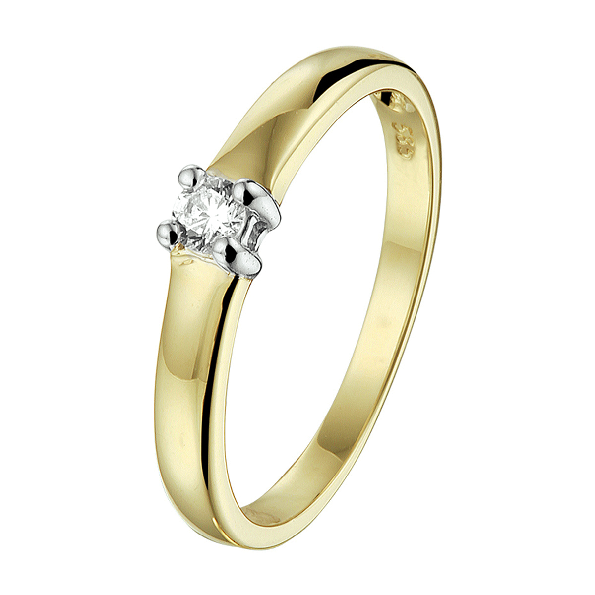 Bicolor wit- en geelgouden ring uitgevoerd met een schitterende zirkonia van 3mm in een chaton zetting. Tijdloos design voor een chique uitstraling! Draag deze ring apart of naast uw andere ringen om steeds weer een andere look te creeren.