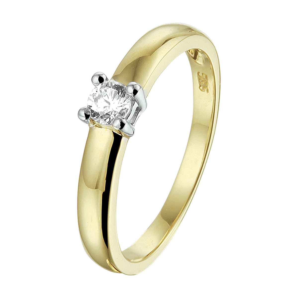 Bicolor wit- en geelgouden ring uitgevoerd met een schitterende zirkonia van 3.5mm in een chaton zetting. Tijdloos design voor een chique uitstraling! Draag deze ring apart of naast uw andere ringen om steeds weer een andere look te creeren.