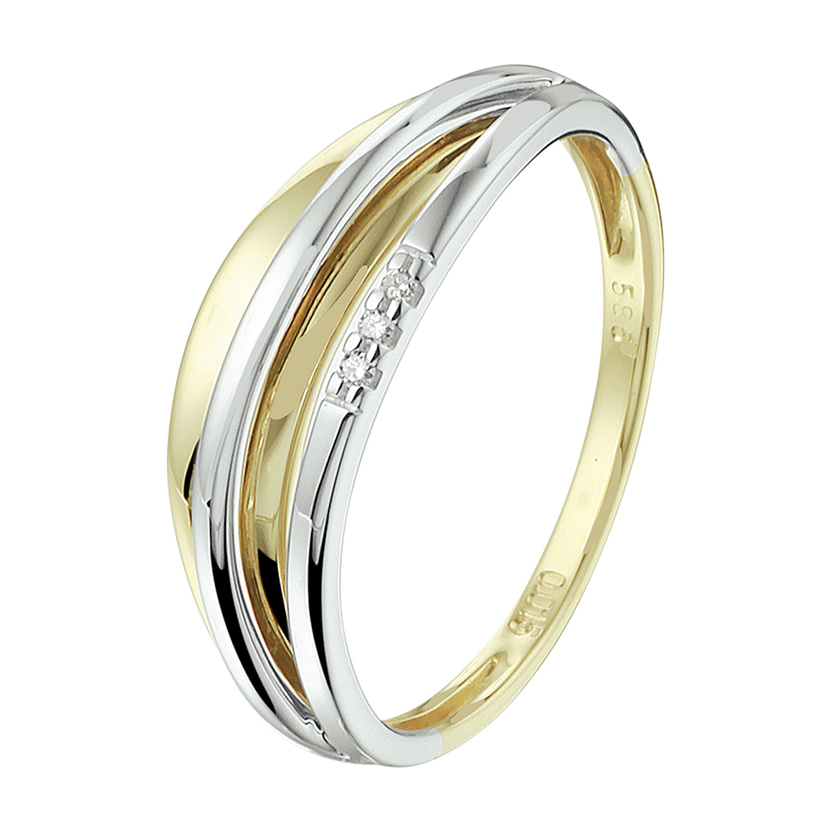 Stijlvolle 14k bicolor geel- en witgouden ring uitgevoerd met een schitterende diamant rij. De ring heeft een breedte van 6mm.