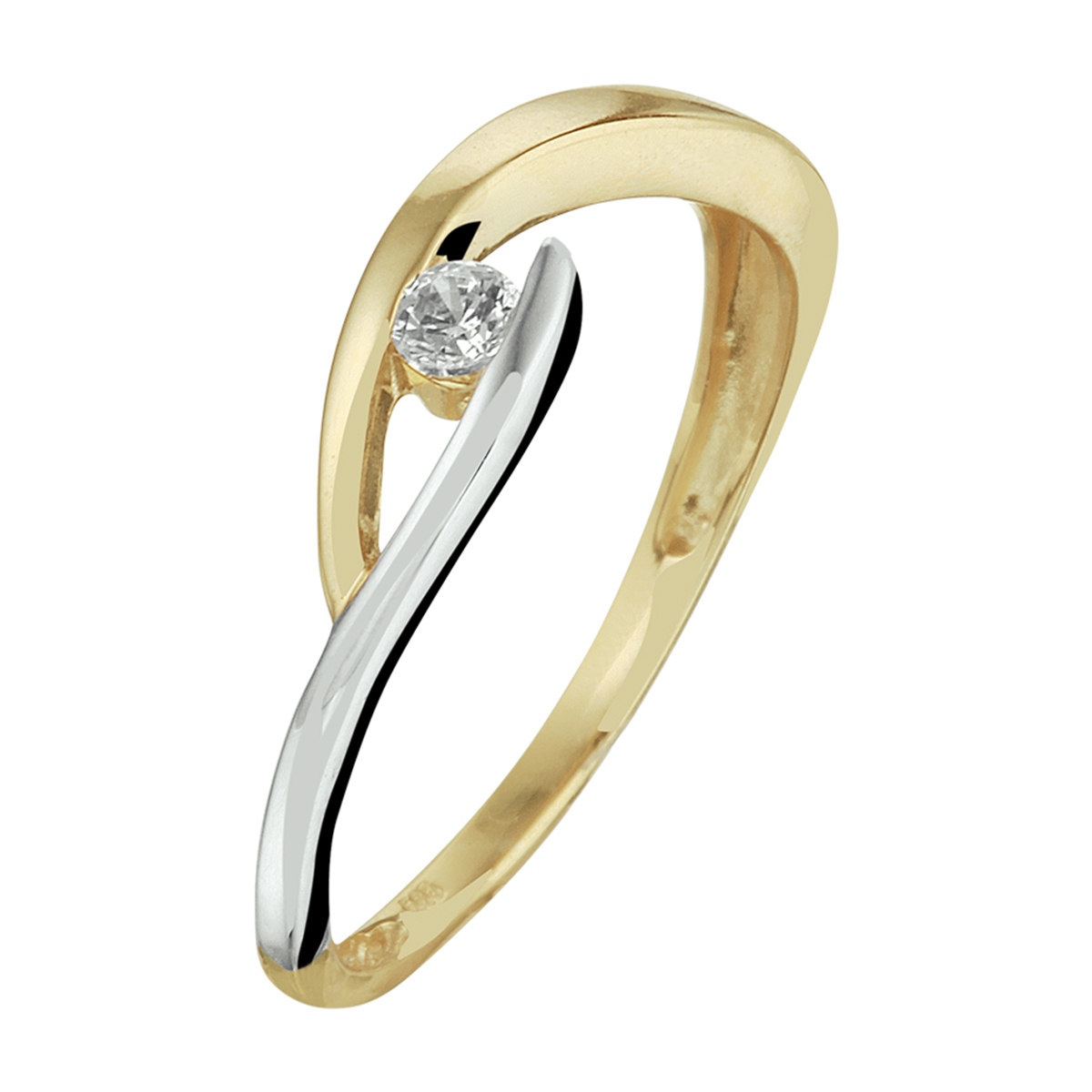 14k Bicolor wit- en geelgouden ring uitgevoerd met een heldere zirkonia. De ring heeft een breedte van 4.5mm.