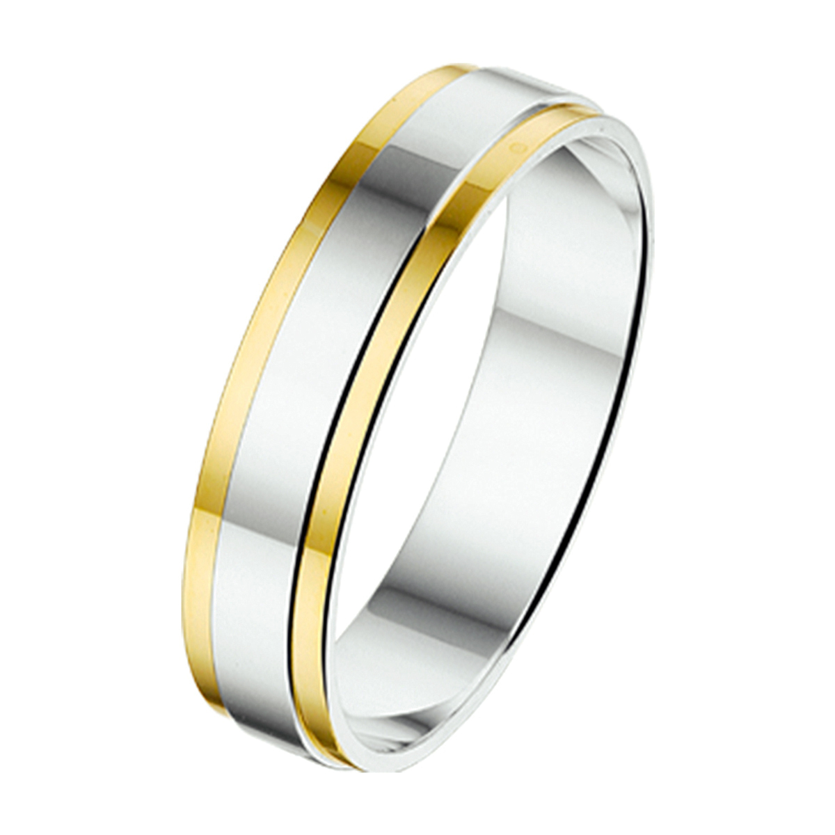 Geelgoud- met zilveren relatiering met een breedte van 4.5mm.