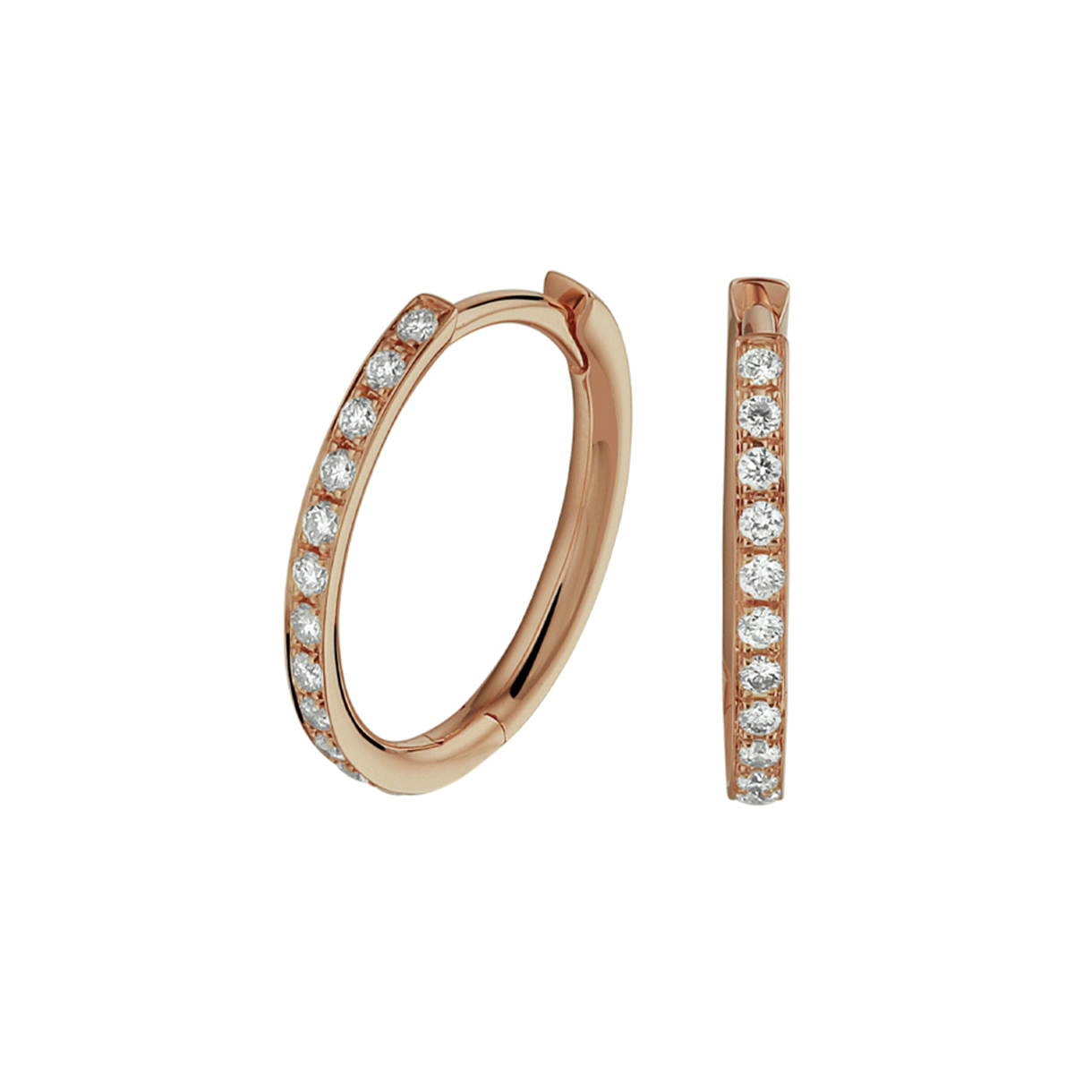 Schitterend! Dat gaat iedereen vast zeggen van deze 14k rosegouden oorringen. Aan de voorzijde is een rij transparante witte diamanten geplaatst, met een totaal steengewicht van 0,23 karaat. De ovale oorring kan gemakkelijk in en uit gedaan worden door het scharnier.