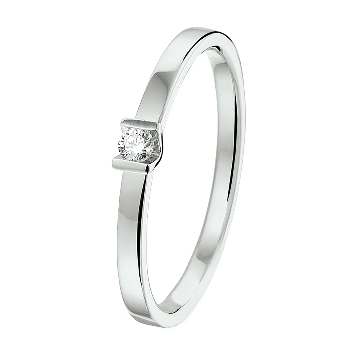 Chique ring in witgoud met een palladium legering van 2.5mm breed uitgevoerd met een luxe ingespannen briljant geslepen diamant 0.05ct. De ring heeft een tijdloze elegantie in 14K witgoud en een sprankelende ingespannen diamant.