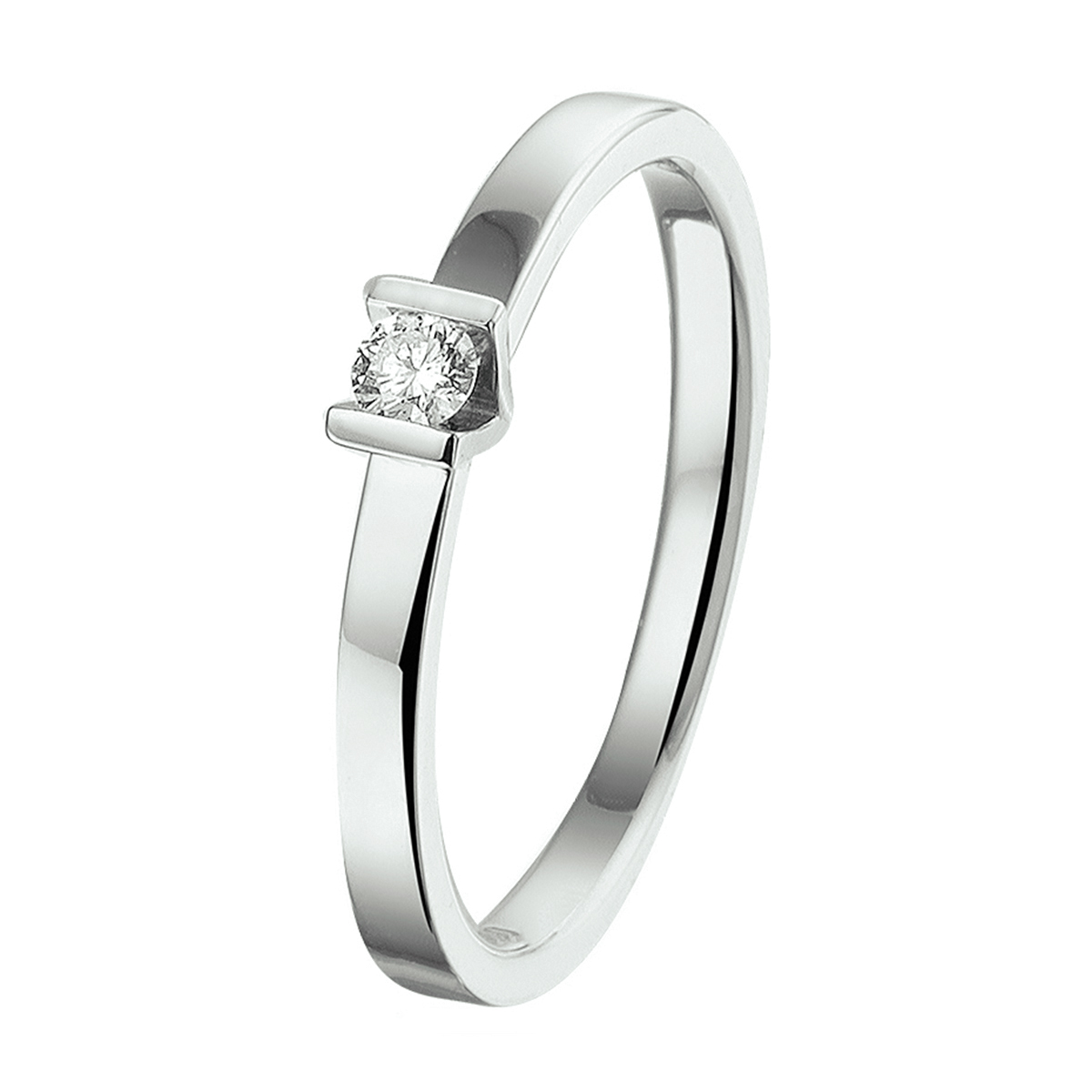 Chique ring in witgoud met een palladium legering van 3mm breed uitgevoerd met een luxe ingespannen briljant geslepen diamant 0.075ct. De ring heeft een tijdloze elegantie in 14K witgoud en een sprankelende ingespannen diamant.