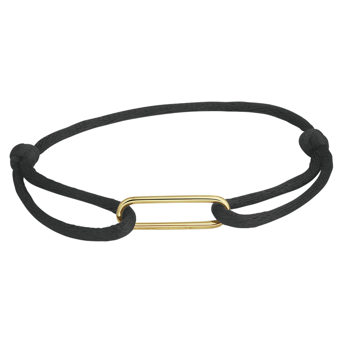 Zwart gevlochten armband uitgevoerd met een 14k geelgouden element. De armband heeft draaglengtes van 13 tot 26cm. Het element heeft een afmeting van 6.5x22mm.