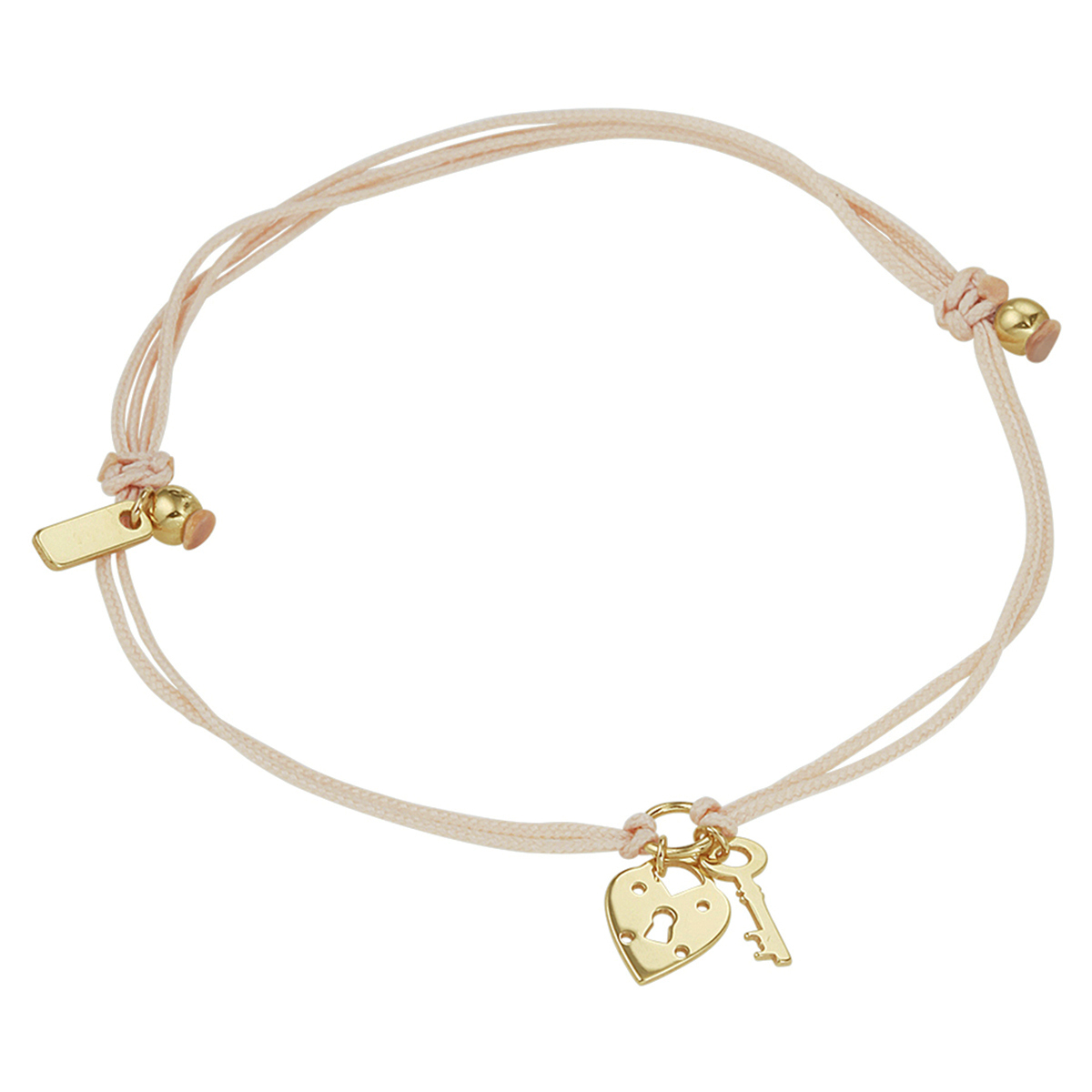 Lichtbruin gevlochten armband uitgevoerd met 14k geelgouden hangertjes in de vorm van een hart en een sleutel. De armband heeft draaglengtes van 13 tot 19cm. Het hartje heeft een afmeting van 8x6.5mm. De sleutel heeft een afmeting van 8.5x4mm.