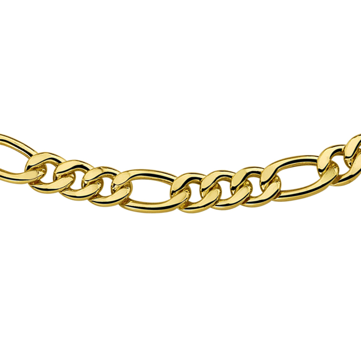 Beschrijving: Sieraden van 14 karaat goud met daarin een kern van 925 zilver. Geelgouden collier met figaro schakel. 
Uniekenummer serie: 32473
Verpakt per: 1
Doelgroep: heren
Breedte: 7 mm
Langste lengte: 50 mm