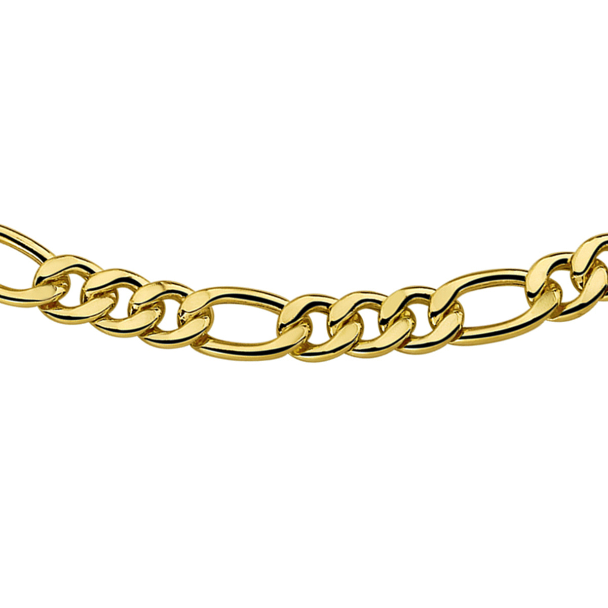 Sieraden van 14 karaat goud met daarin een kern van 925 zilver. Geelgouden lengte artikel met figaro schakel. De schakelbreedte is 7.0mm.