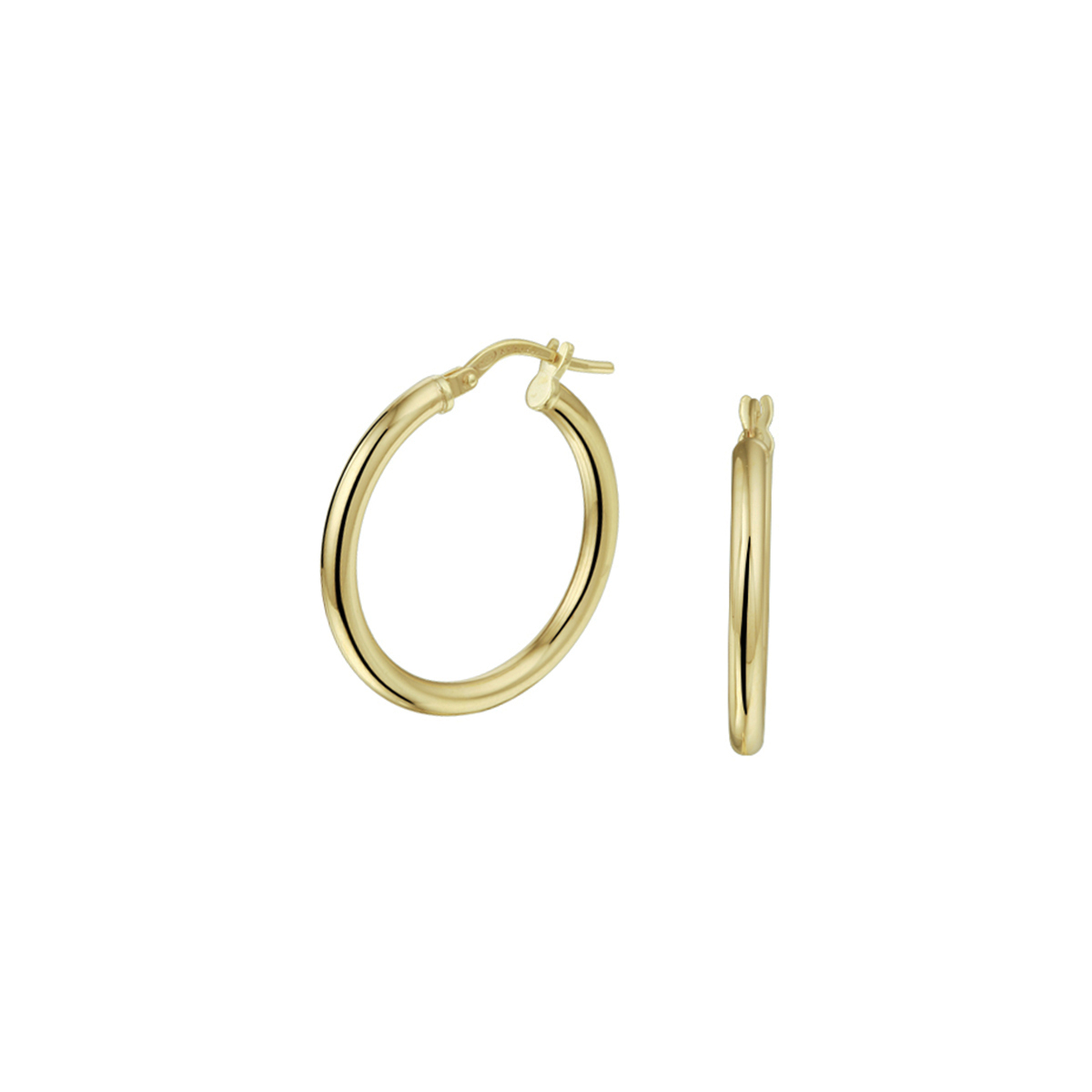 14k Geelgouden oorringen met 925 zilveren kern uitgevoerd met een stevige scharnier sluiting. De oorringen hebben een diameter van 25mm.