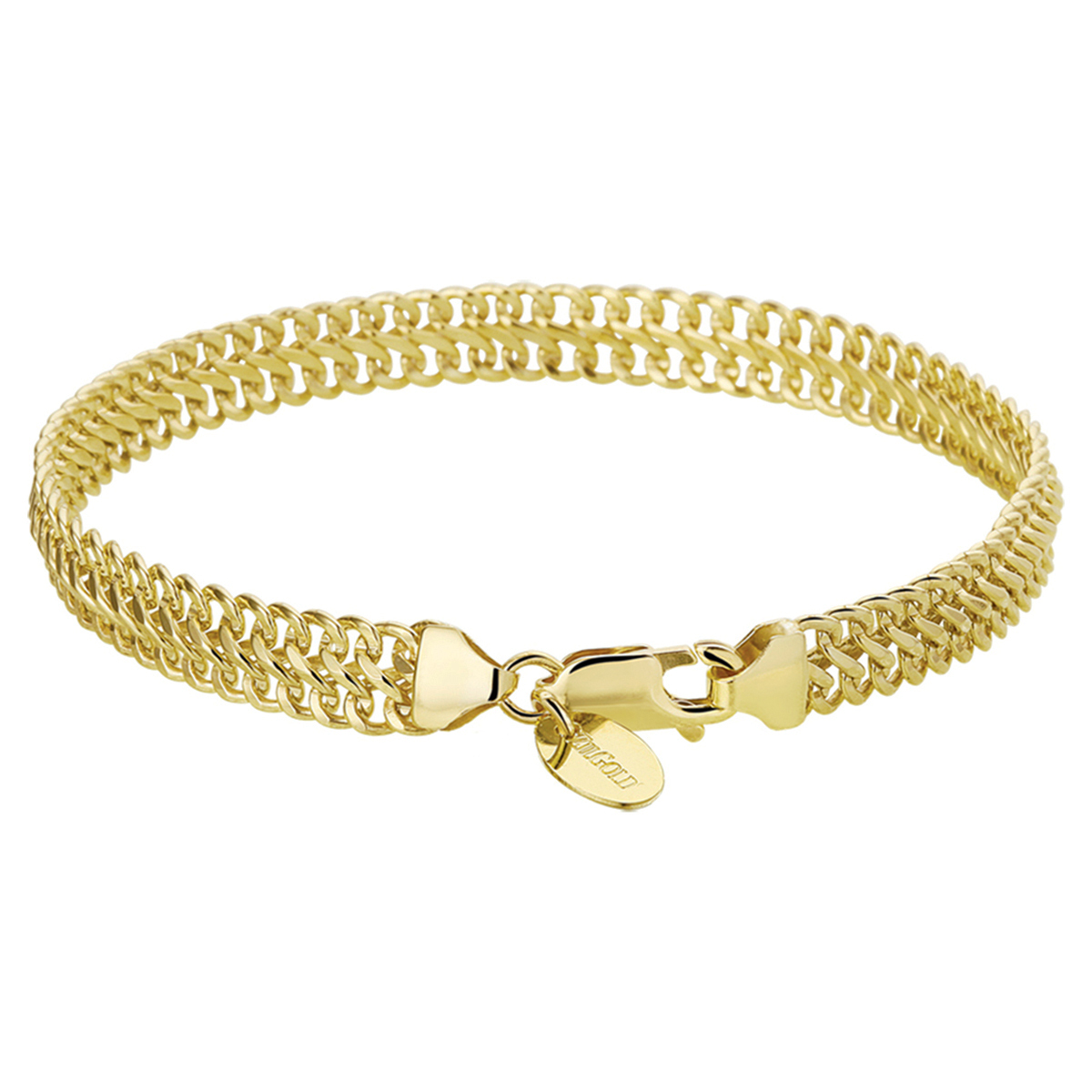 Sieraden van 14 karaat goud met daarin een kern van 925 zilver. Geelgouden armband met dubbele gourmet schakel.