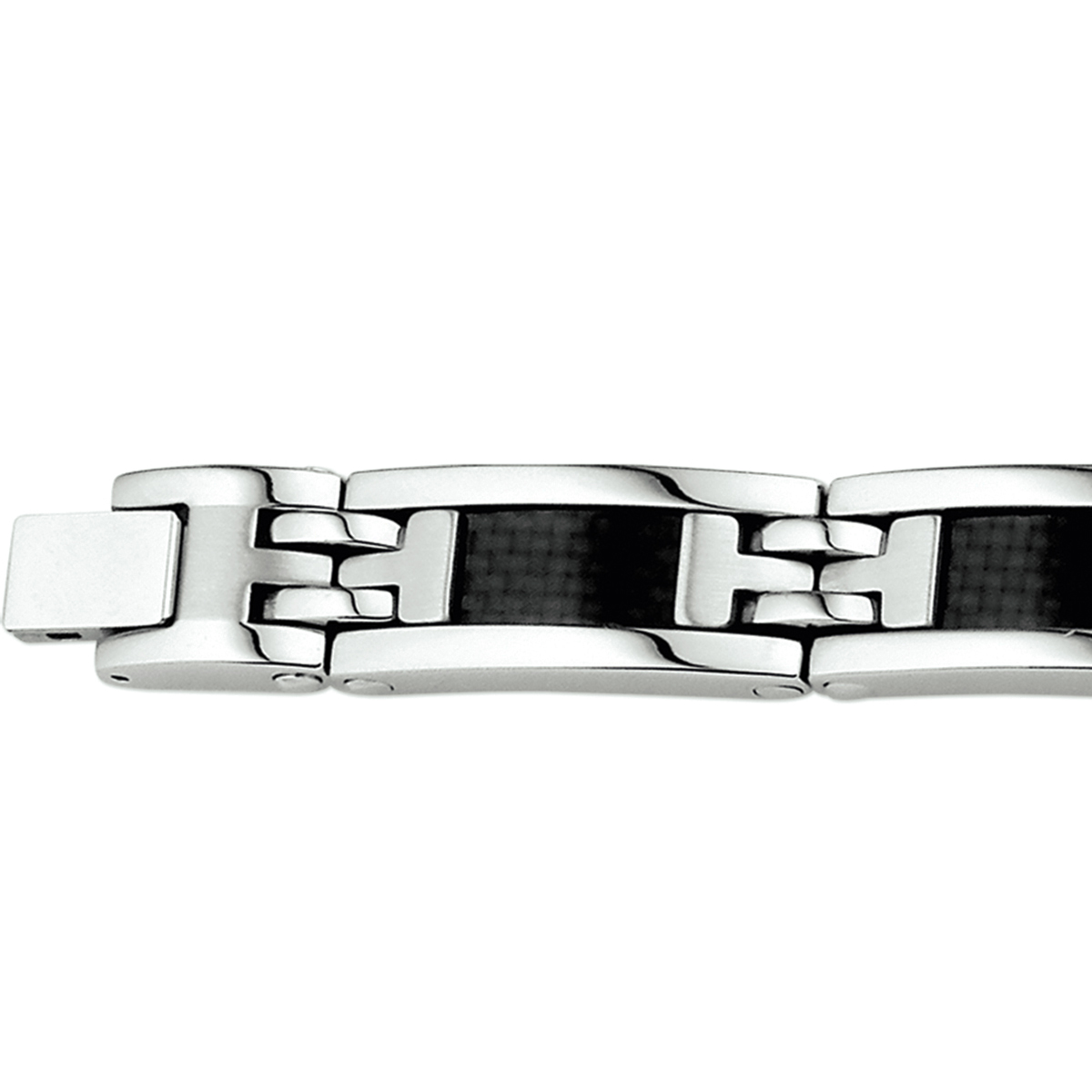 Stalen armband met carbon. 

Breedte: 11.5 mm
Langste lengte: 21.5 mm
