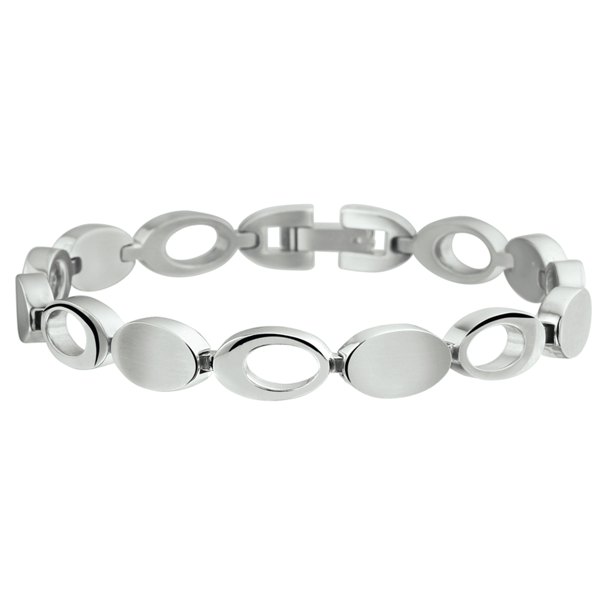 Stalen armband met een poli/matte afwerking.  Bijpassend collier
Breedte: 8 mm
Langste lengte: 19 mm