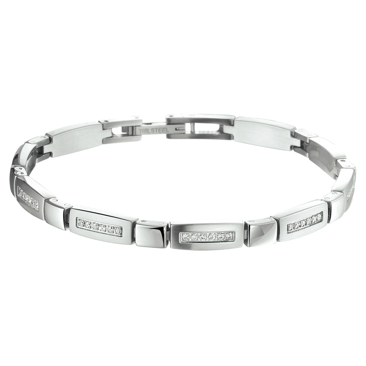 Stalen armband met zirkonia en een poli/matte afwerking. 
Breedte: 5 mm
Langste lengte: 19.5 mm
Zetting: entourage (rijzetting)