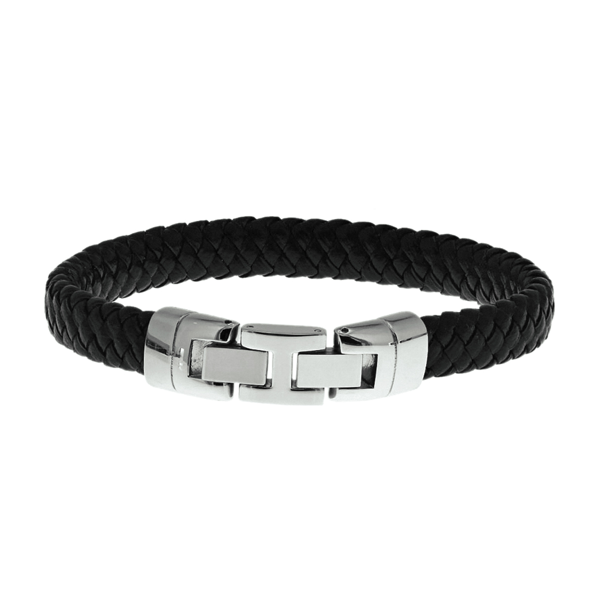 Stalen armband met gevlochten zwart leer.
Doelgroep: heren
Breedte: 10 mm
Langste lengte: 22.5 mm