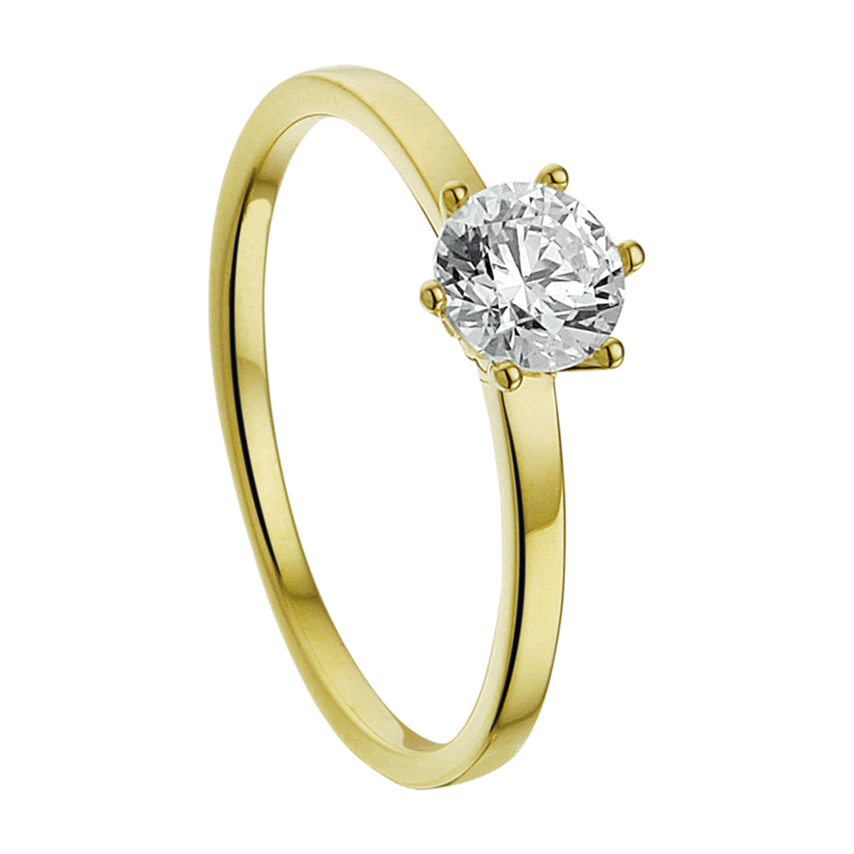 Beschrijving: Geelgouden ring met zirkonia. 
Uniekenummer serie: 32658
Verpakt per: 1
Doelgroep: dames
Ringmaat: 18.50 mm (58)
Breedte: 5 mm
Zetting: solitaire (chatonzetting)