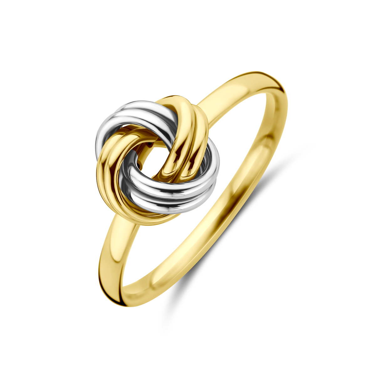 14k Bicolor geel- en witgouden ring uitgevoerd in de vorm van een knoop. De ring heeft een breedte van 9mm.