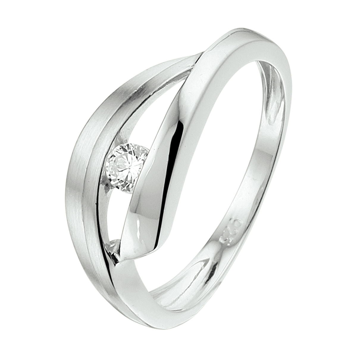 Gerhodineerd 925 zilveren ring uitgevoerd met een heldere zirkonia en een poli/matte afwerking. De ring heeft een breedte van 7.5mm.