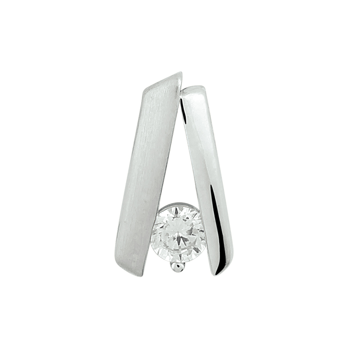 Gerhodineerd 925 zilveren hanger uitgevoerd met een heldere zirkonia en een poli/matte afwerking. De hanger heeft een afmeting van 12.5x7mm.