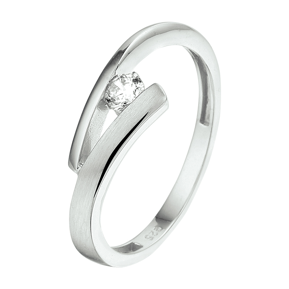 Gerhodineerd 925 zilveren ring uitgevoerd met een heldere zirkonia en een poli/matte afwerking. De ring heeft een breedte van 6.5mm.