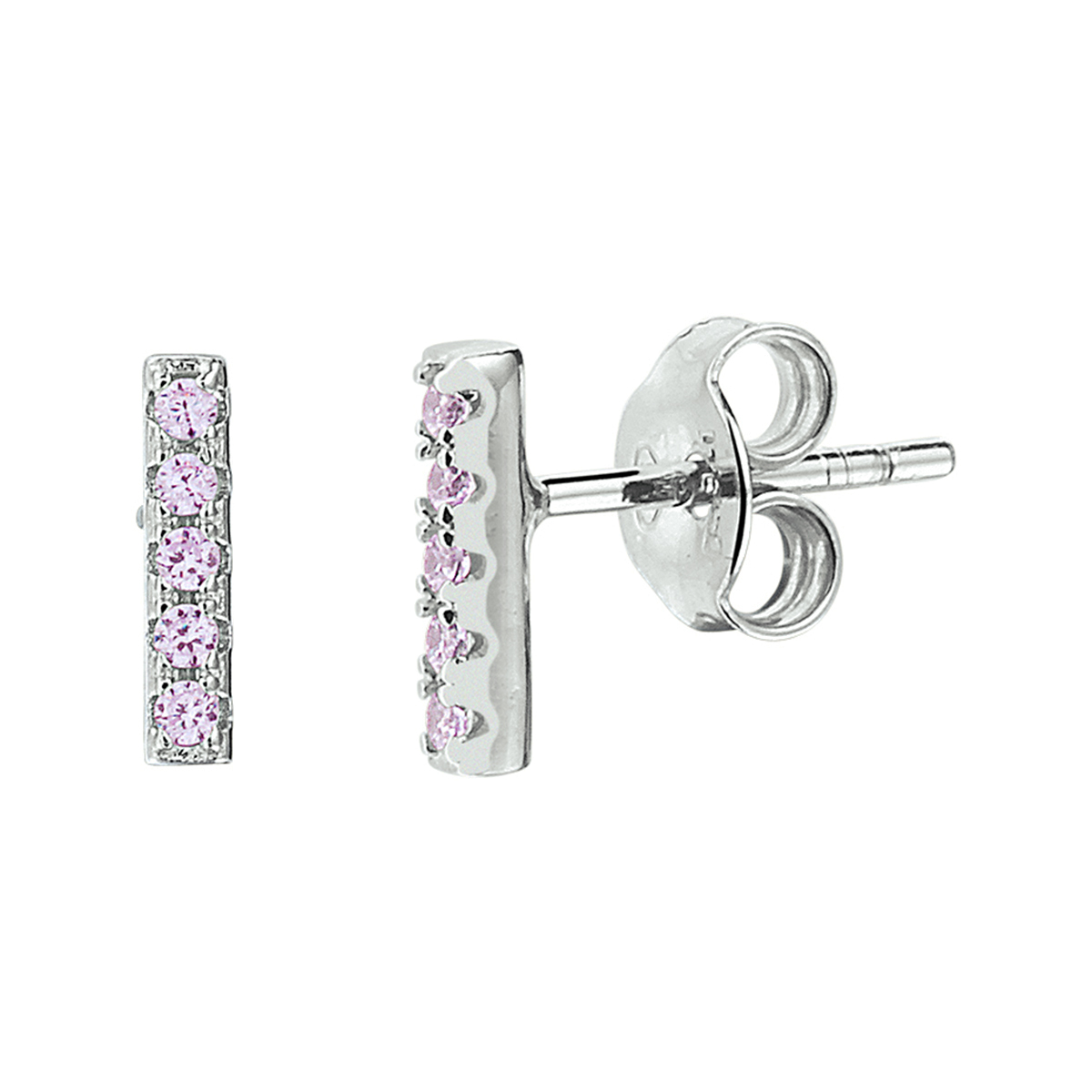 Gerhodineerd 925 zilveren oorknoppen in de vorm van een balkje uitgevoerd met roze zirkonia. De oorknoppen hebben een afmeting van 8x1.7mm.