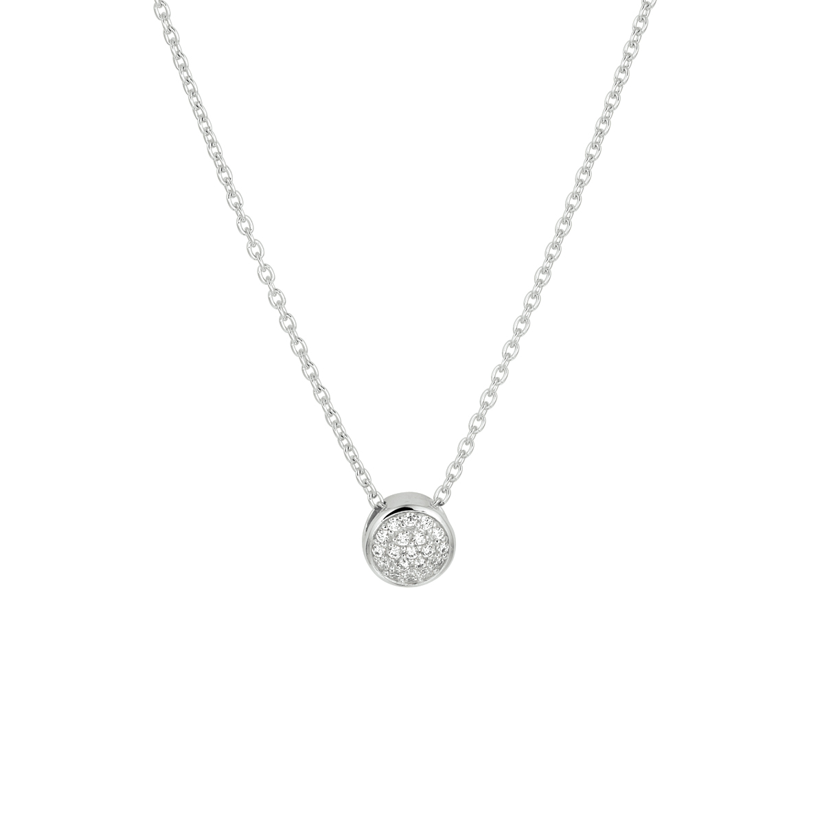 Gerhodineerd 925 zilveren collier uitgevoerd met een rond hangertje met daarin een schitterend zirkonia vlak. Het collier heeft een draaglengte van 40cm met een extensie van 4cm en een stevige karabijn sluiting. Het rondje heeft een diameter van 8.5mm.