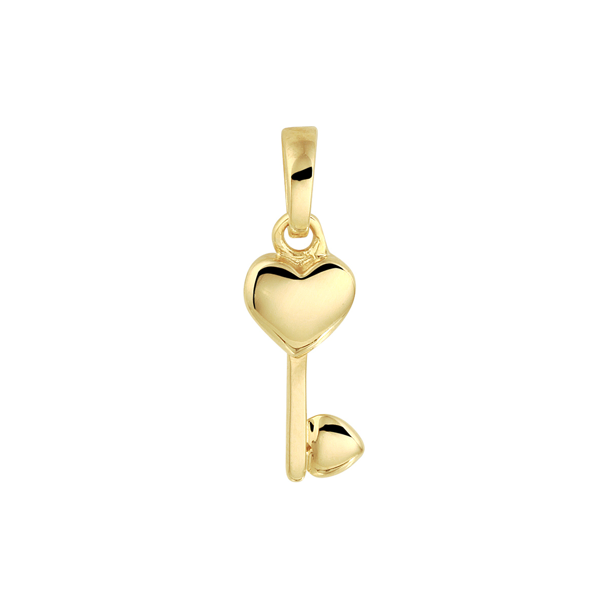 14k Geelgouden hanger uitgevoerd in de vorm van een sleutel met een hartje. De hanger heeft een totale hoogte van 2cm en een breedte van 6.2mm.