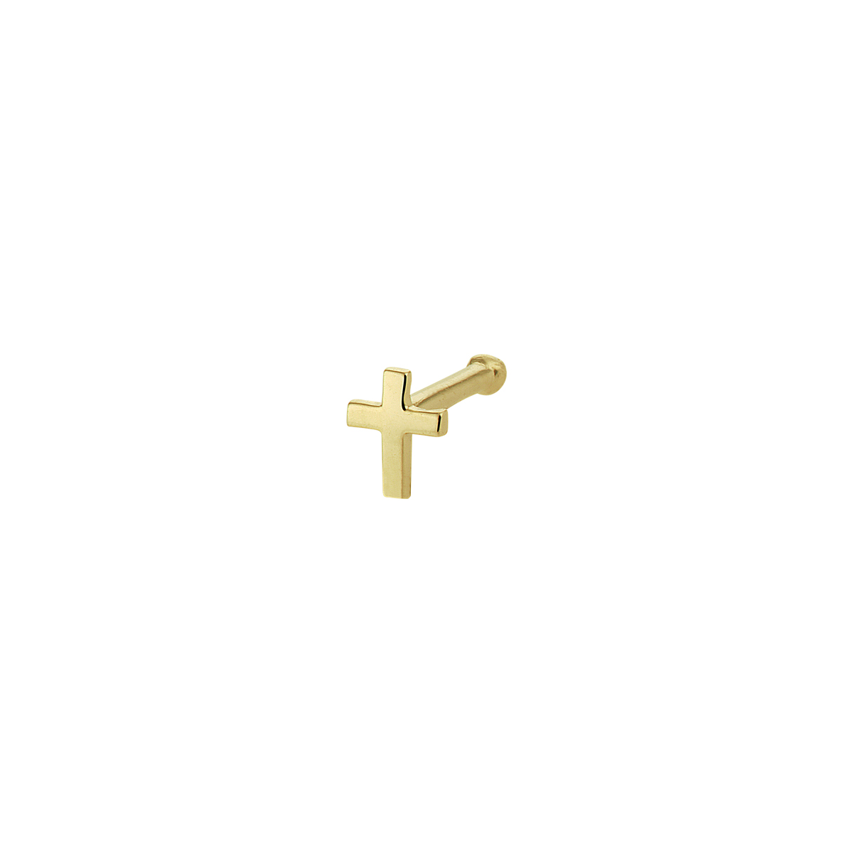 14k Geelgouden neusknopje uitgevoerd in een kruis. Het neusknopje heeft een afmeting van 4x3mm.