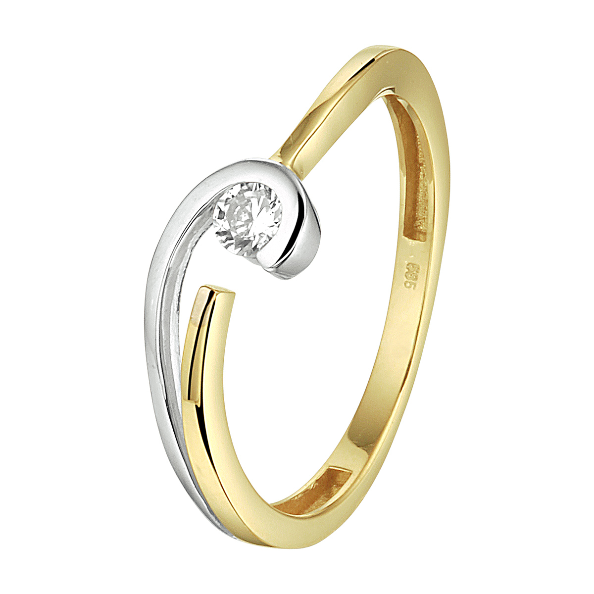 Huiscollectie - 14kt bicolor geel/witgouden damesring bezet met 1 zirconia