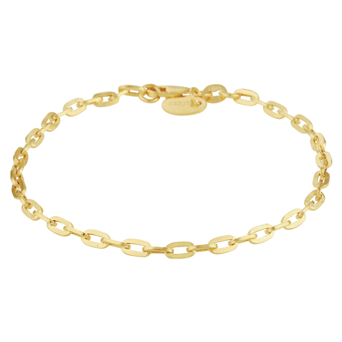 14k Geelgouden anker armband met daarin een kern van 925 zilver. De armband heeft een schakelbreedte van 3mm, een draaglengte van 19cm en is uitgevoerd met een stevige karabijn sluiting.