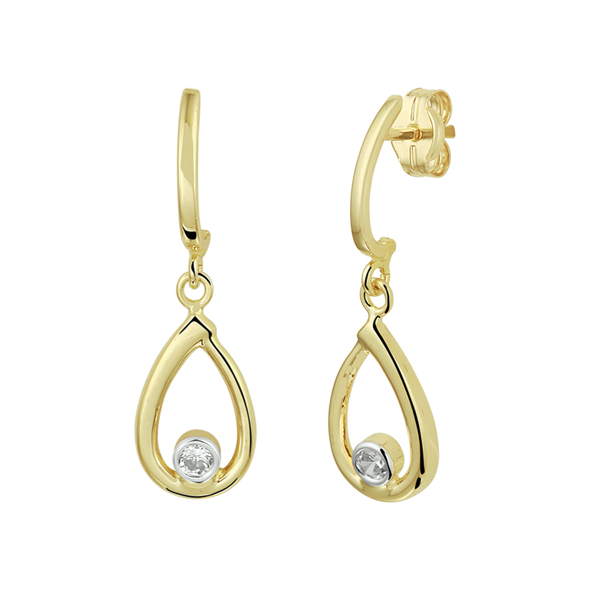 14k Geelgouden oorhangers uitgevoerd met een heldere zirkonia. De oorhangers hebben een totale hoogte van 2.4cm en een breedte van 7mm.