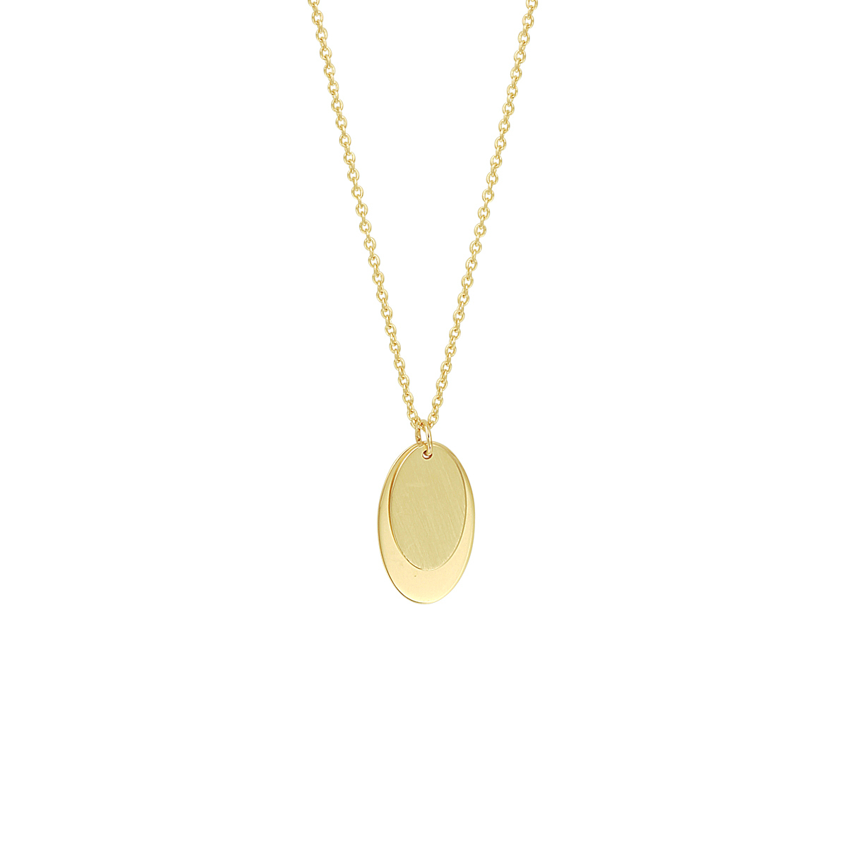 14k Geelgouden anker collier met twee ovale hangers van 11.5x6.5mm en 15x8.5mm. Het collier heeft draaglengtes van 41, 43 en 45cm en is uitgevoerd met een stevige karabijn sluiting en een poli/matte afwerking.