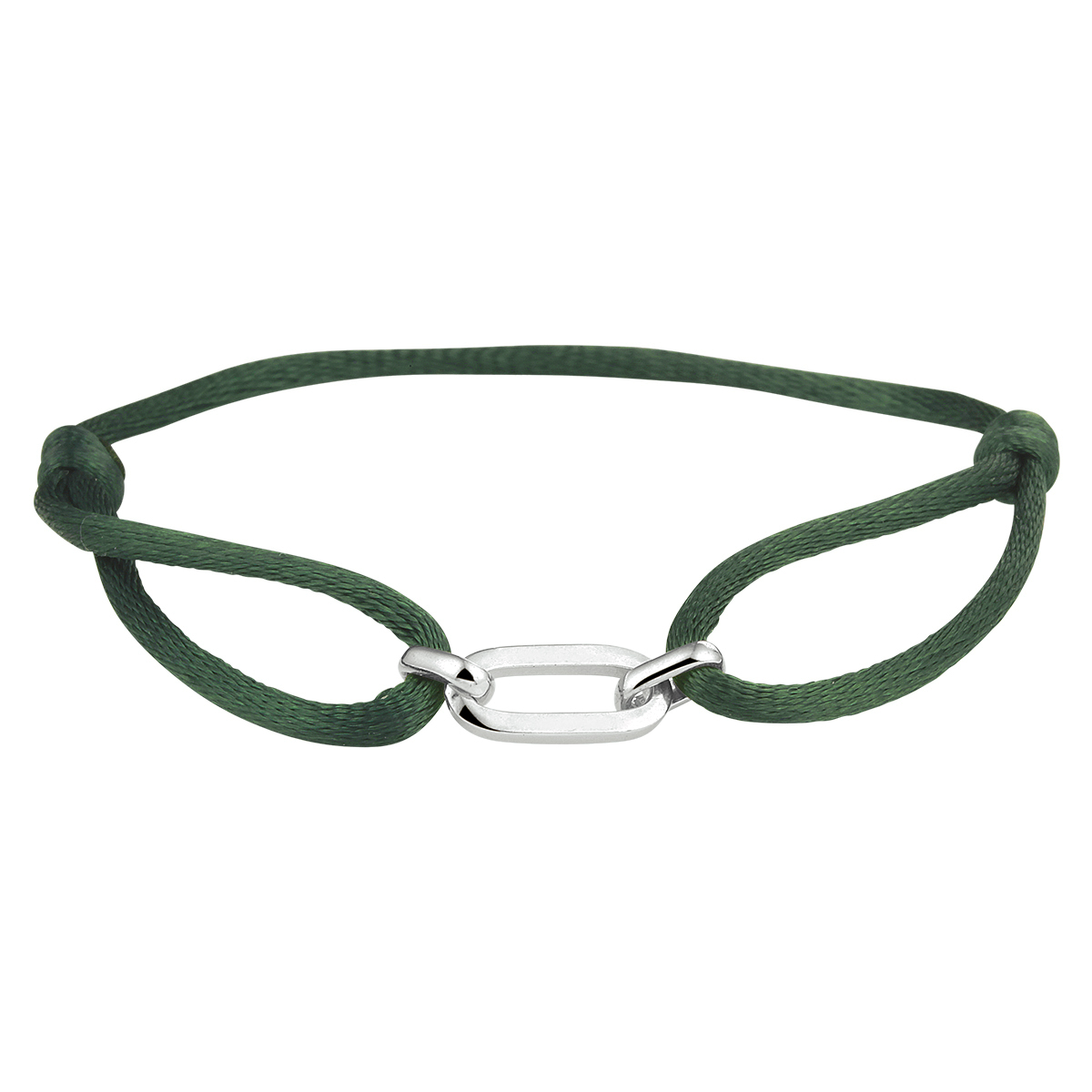 Groen gevlochten armband uitgevoerd met een 925 zilveren element. De armband heeft draaglentes van 13 tot 26cm. Het element heeft een afmeting van 20x6mm.