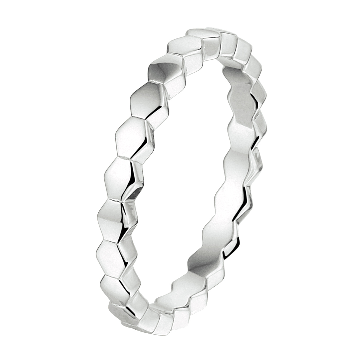 Gerhodineerd 925 zilveren ring uitgevoerd met zeshoeken. De ring heeft een breedte van 2.5mm.