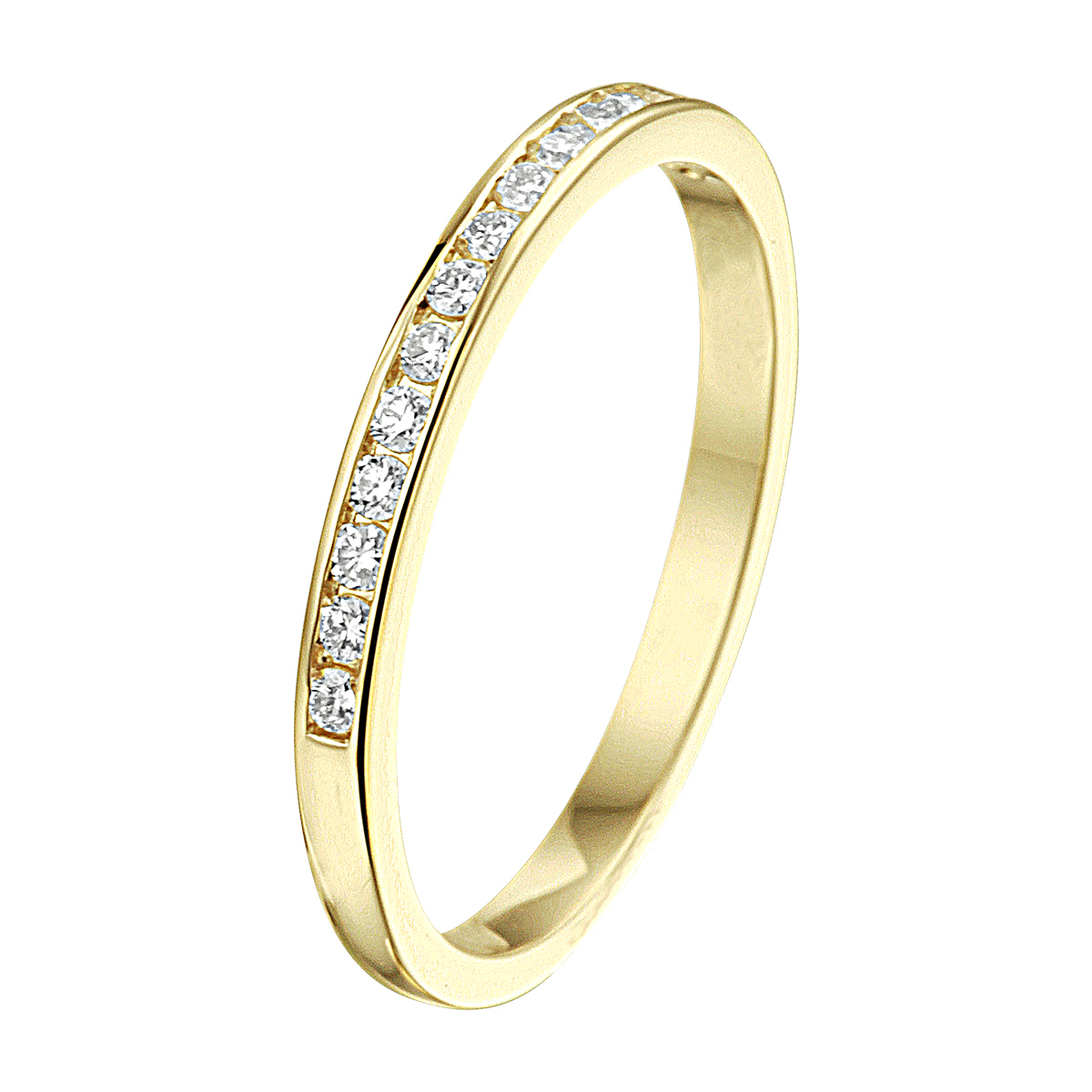 14k Geelgouden ring uitgevoerd met een schitterende diamant rij. De ring heeft een breedte van 1.9mm.