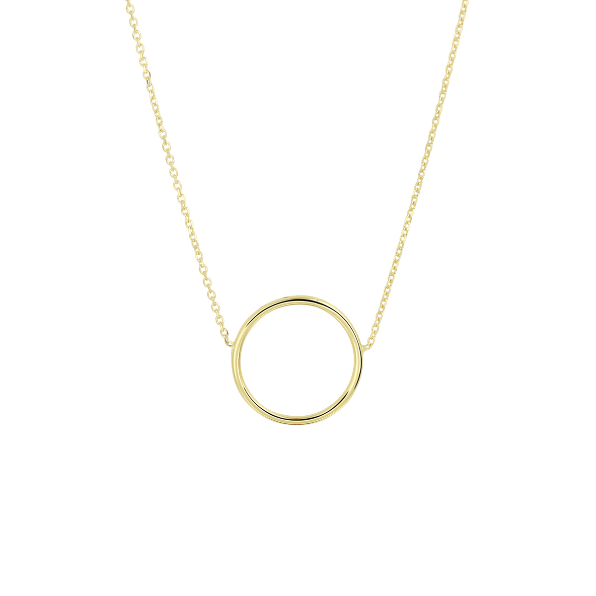 9k Geelgouden collier uitgevoerd met een hangertje in de vorm van een rondje. Het collier heeft draaglengtes van 42 en 45cm. Het rondje heeft een diameter van 16.5mm.