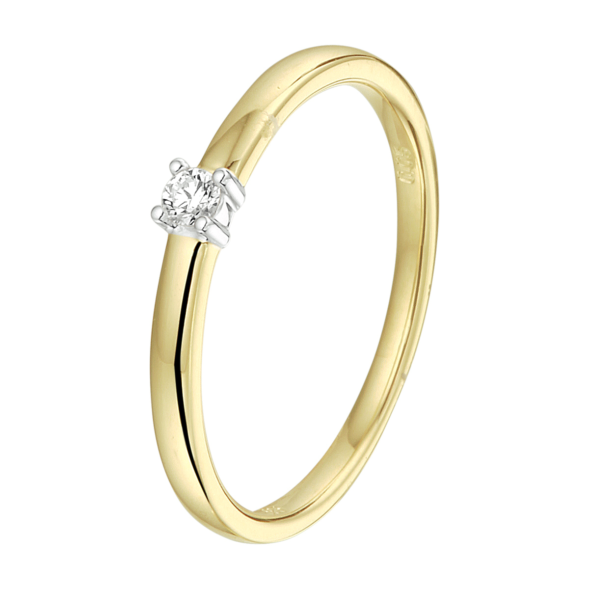 14k Bicolor geel- en witgouden ring uitgevoerd met een schitterende diamant. De ring heeft een breedte van 2.5mm.
