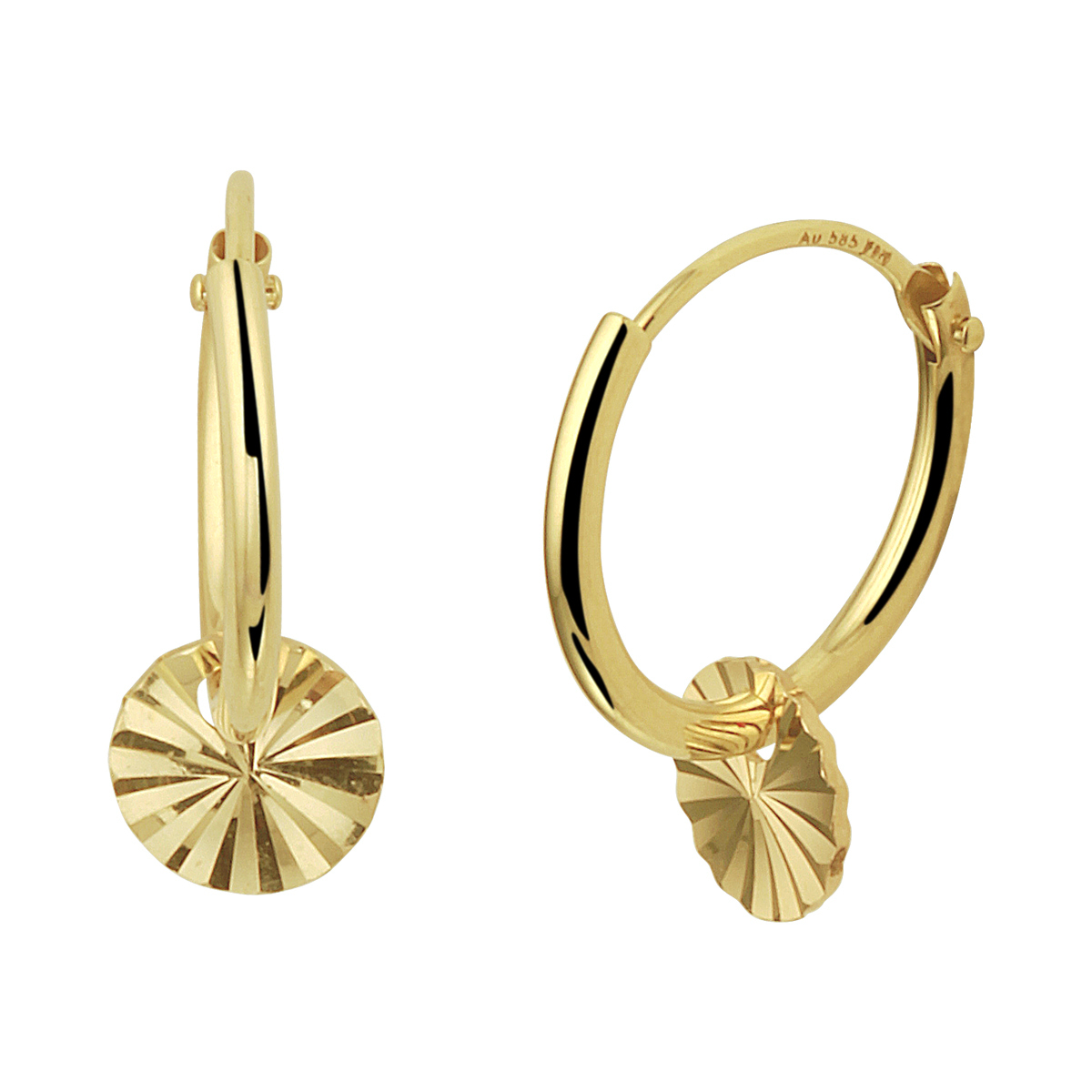 14k Geelgouden oorringen uitgevoerd met een hanger in de vorm van een rondje. De oorringen hebben een afmeting van 13x1.3mm. De hanger heeft een diameter van 6mm.