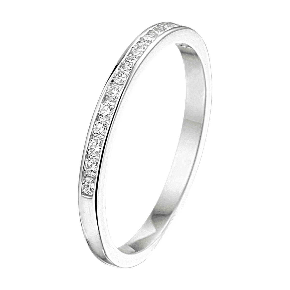 14k Witgouden ring met palladium legering. De ring is uitgevoerd met een schitterende diamant rij en heeft een breedte van 1.9mm.