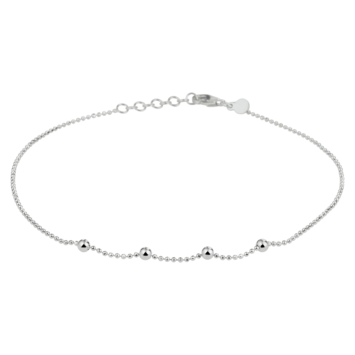 Gerhodineerd 925 zilveren enkelbandje uitgevoerd met bolletjes en een stevige karabijn sluiting. Het enkelbandje heeft een draaglengte van 24cm met een extensie van 2cm. De bolletjes hebben een diameter van 3mm.