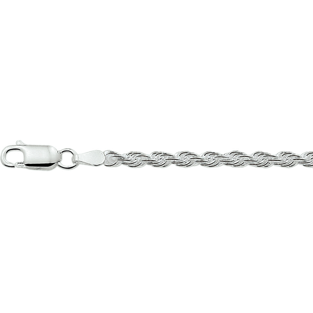 925 Zilveren lengteartikel met koord schakel uitgevoerd met een karabijnslot. De schakelbreedte is 3,0mm.