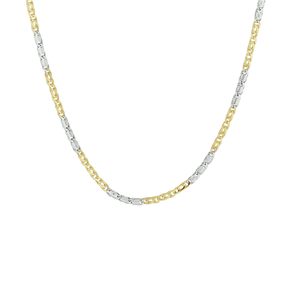 14k Bicolor geel- en witgouden valkenoog collier. Het collier heeft een stevige karabijn sluiting. De schakelbreedte is 2.1mm.