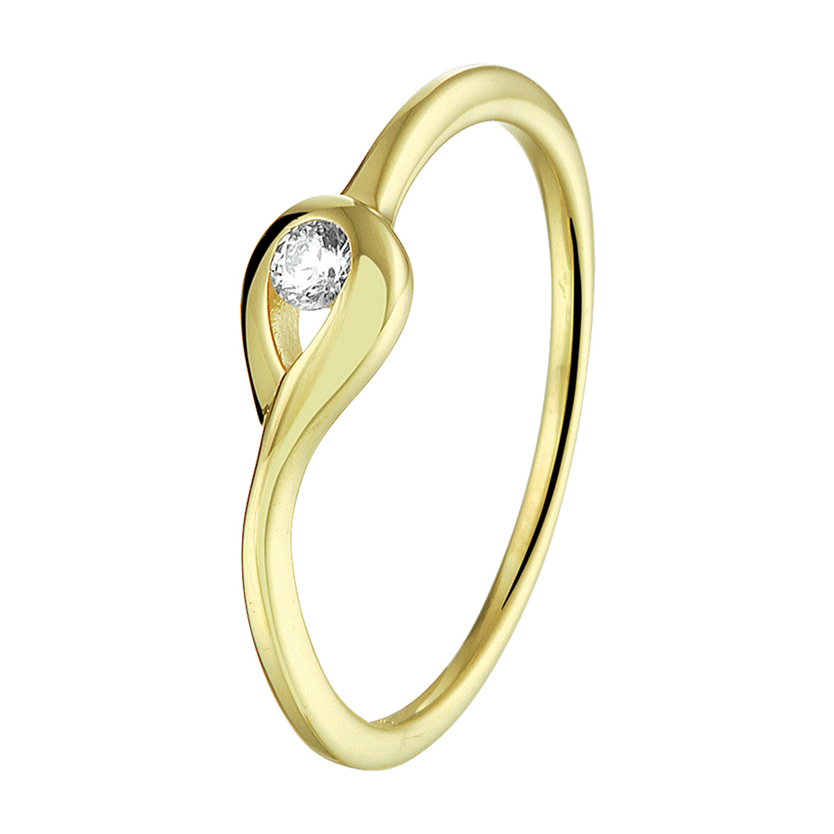 Stijlvolle geelgouden ring uitgevoerd met zirkonia en met een breedte van 5mm. De ring is goed te combineren met identiek gevormde sieraden uit onze collectie waarmee je een chique set kunt maken.