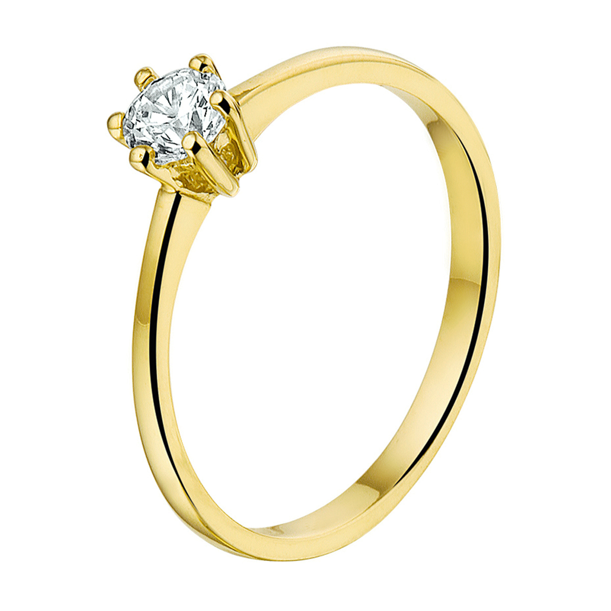 Beschrijving: Geelgouden ring met zirkonia. 
Uniekenummer serie: 31692
Verpakt per: 1
Doelgroep: dames
Ringmaat: 16.50 mm (52)
Breedte: 4.5 mm
Zetting: solitaire (chatonzetting)