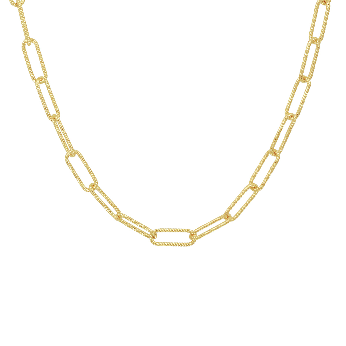 Geelgoud op 925 zilveren paperclip collier met een schakelbreedte van 4.3mm. Het collier heeft een draaglengte van 40cm met een extensie van 4cm en een stevige karabijn sluiting.